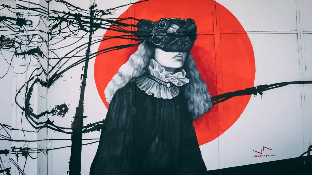 Illustration et critique artistique de la modernité par Violeta Dalas. Fresque saisissante d'une femme avec un casque de réalité virtuelle devant un cercle rouge audacieux, alliant art et technologie.